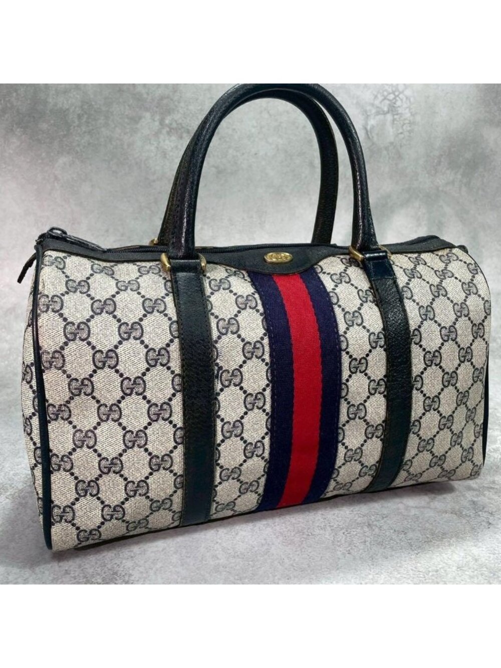 Gucci GG Sherry Line Boston Bag Navy Logo Leather